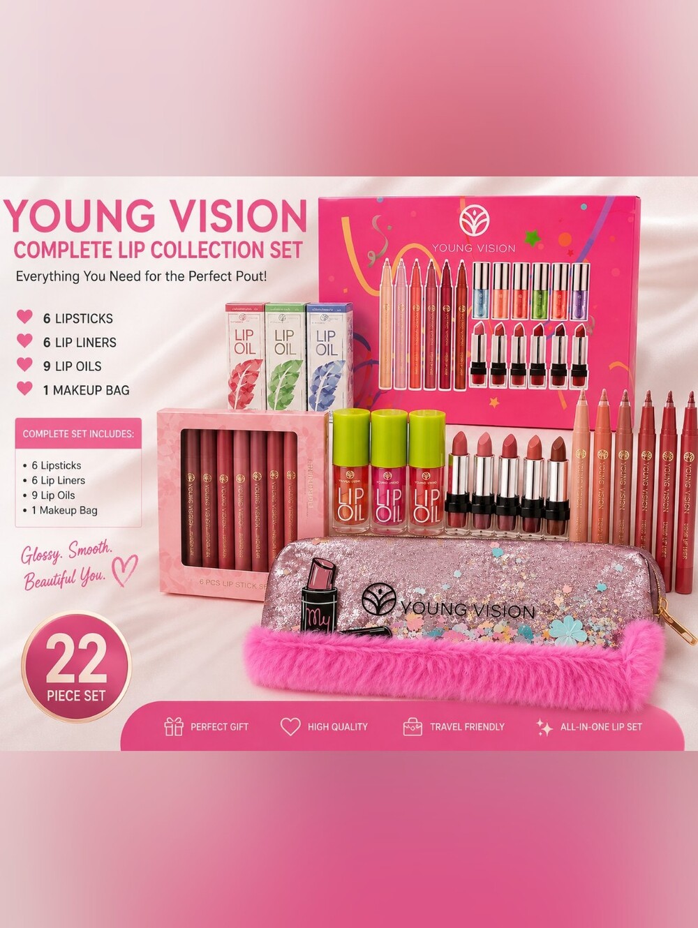 Young Vision 22-Piece Lip Collection + Makeup Bag – NEW